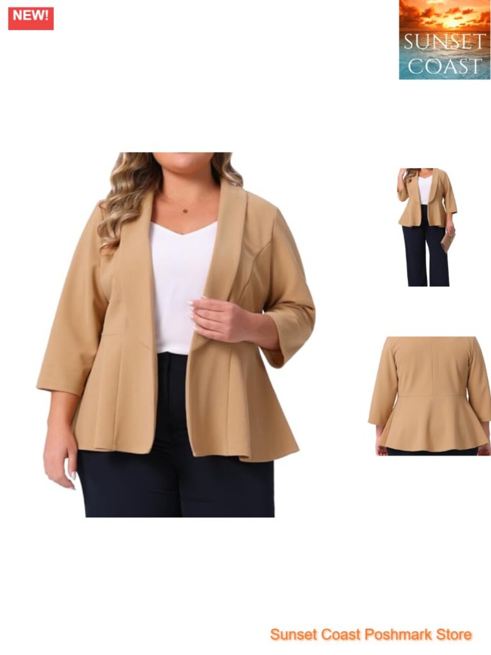 Plus Size Peplum Blazer 3/4 Sleeve Open Front Stretch Work Suit Jacket